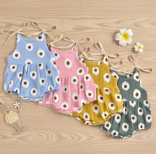 Newborn Infant Baby Girl Summer Fashion Daisy Floral Printed Bodysuit O-Neck Jumpsuit 4Colors