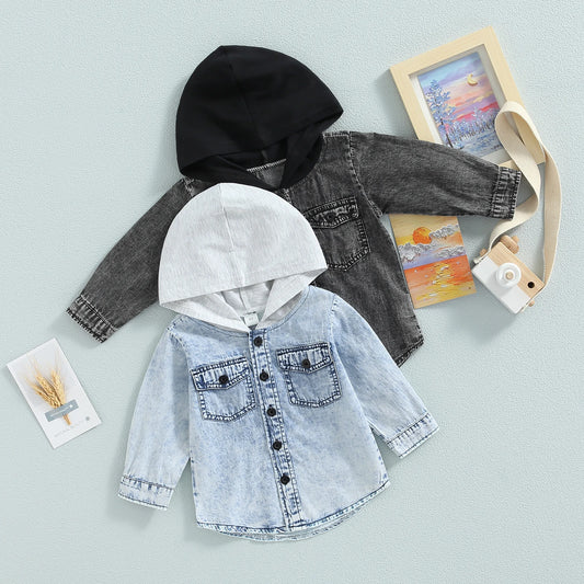 Toddler Boys Long Sleeve Button Down Patchwork Hooded Jacket