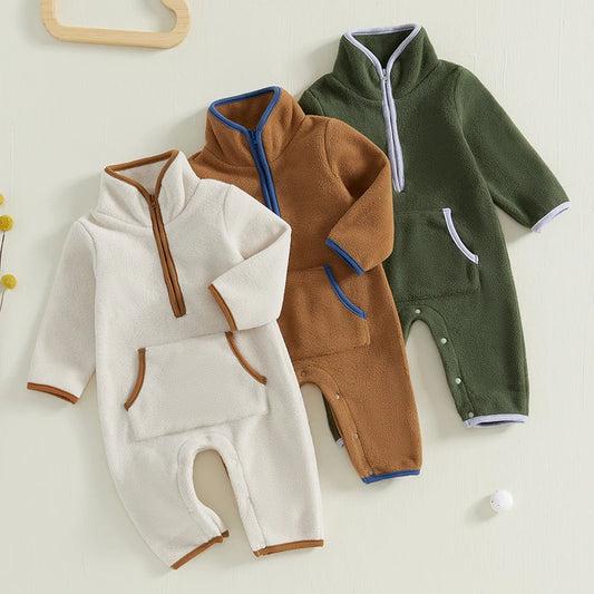 Baby Boys Fleece Long Sleeve Plush Zip Up Romper With Pockets