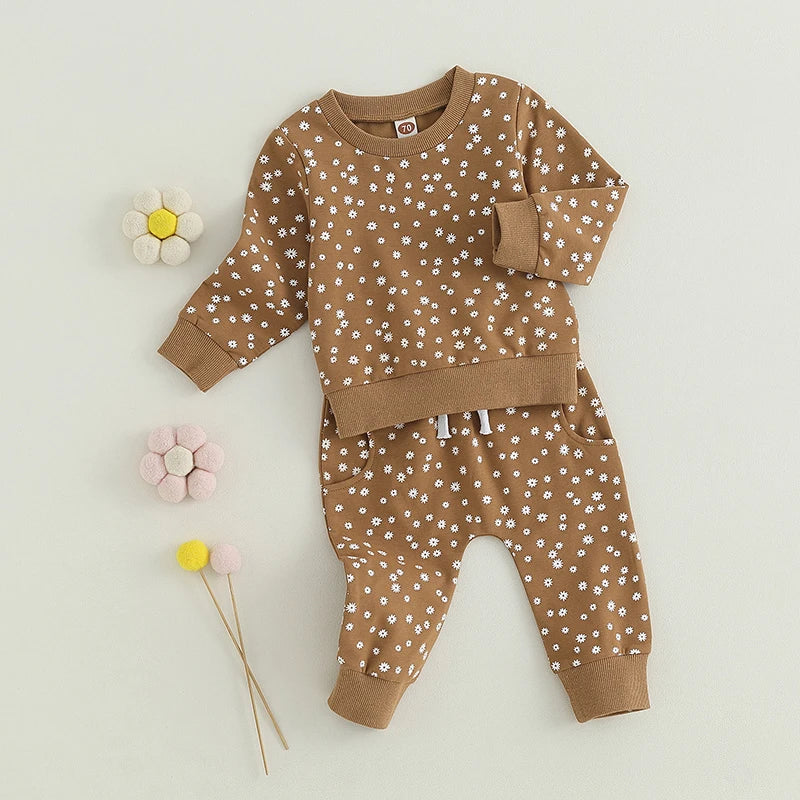 Baby Girls Fall Outfit Flower Print Long Sleeve Crew Neck Sweatshirt Sweatpants Fall Clothes