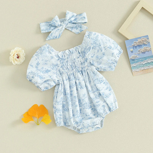 Summer Baby Girls Rompers Floral Print Ruched Puff Sleeve Clothes Infant Jumpsuits with Headband