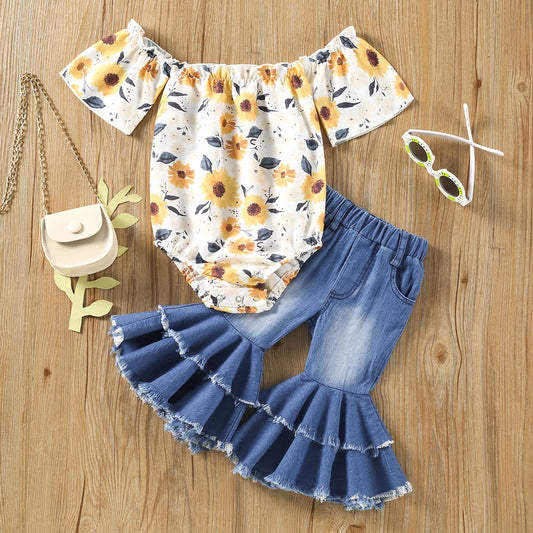 Newborn Baby Girl 2Pcs Summer Fashion Clothing Yellow Sunflower Bodysuit Denim Flared Pants