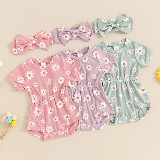 Summer Infant Baby Girls Rompers Short Sleeve O Neck Floral Jumpsuit with Headband