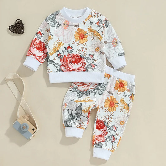 Toddler Girls Fall Outfits Floral Print Long Sleeve Sweatshirt and Elastic Sweatpants Set Baby Clothes