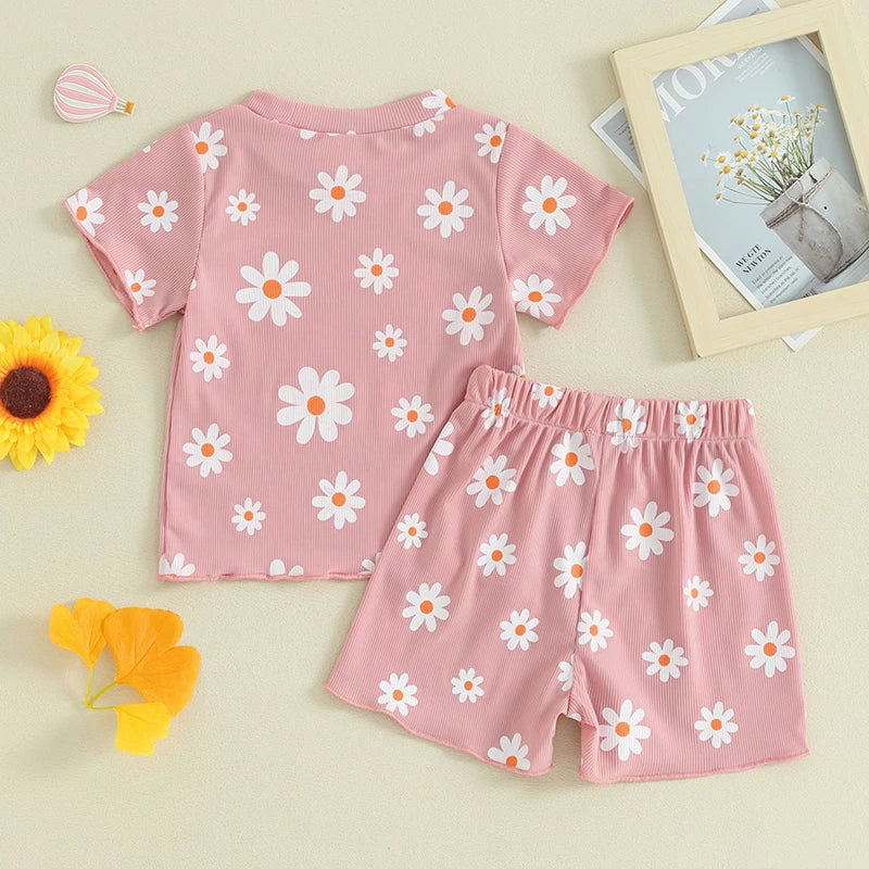 Toddler Baby Girl Summer Clothes Floral Short Sleeve Crewneck T-Shirts Shorts Set Outfit