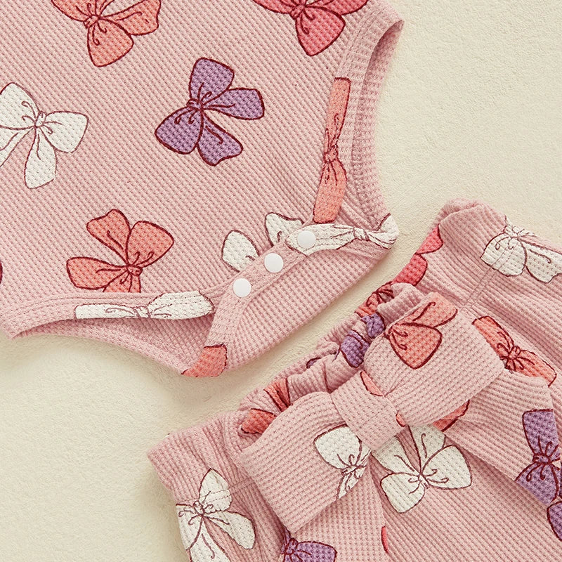 Baby Girls Summer Outfits Bow/Strawberry Print Sleeveless Romper with Ruffled Shorts Bow Headband 3Pcs Set
