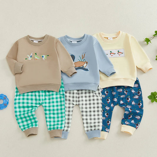 Toddler Baby Boy Girl Duck Clothes Long Sleeve Sweatshirt Plaid Elastic Waist Long Pants Outfit