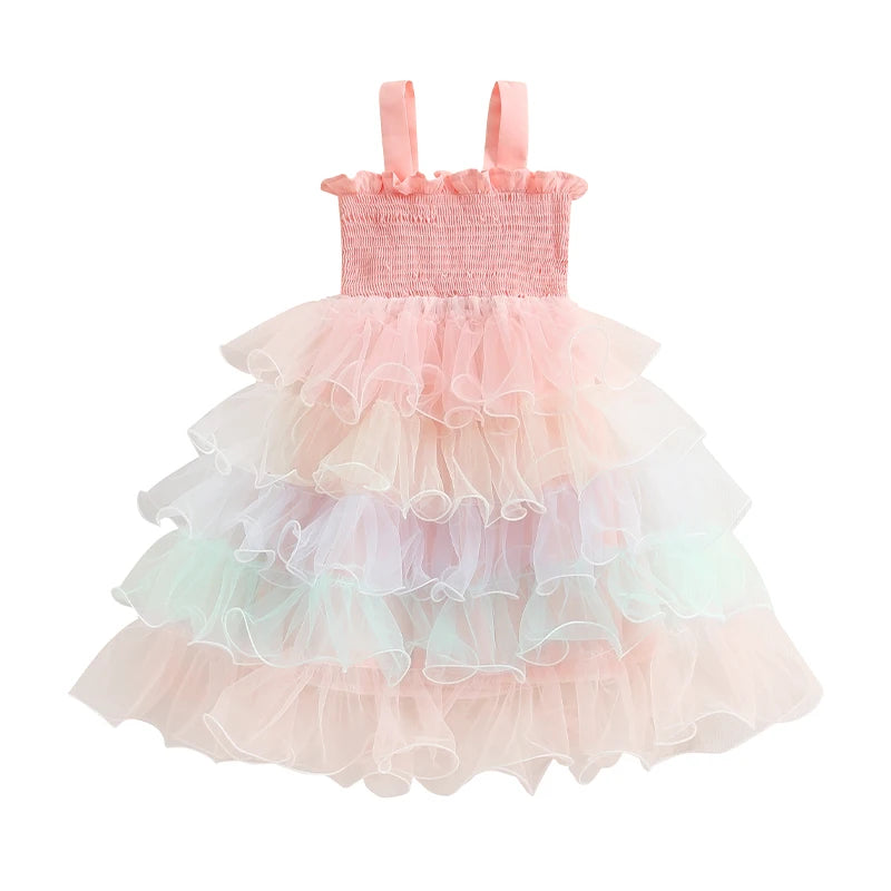 Baby Kids Girls Slip Dress Sleeveless Contrast Color Layered Summer A-line Dress Tulle Princess Dress
