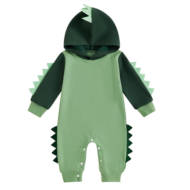 Baby Boy Dinosaur Shaped Hoodie Romper Contrast Color Long Sleeve Bodysuit Jumpsuit
