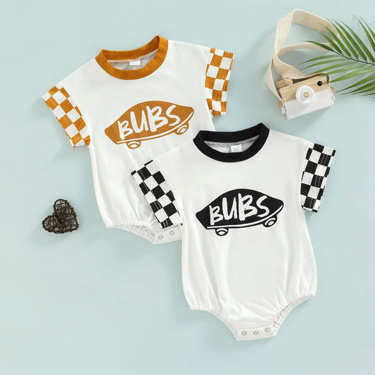 Infant Baby Girl Boy Romper Plaid Short Sleeve Round Neck Cartoon Pattern Letter Print Jumpsuit