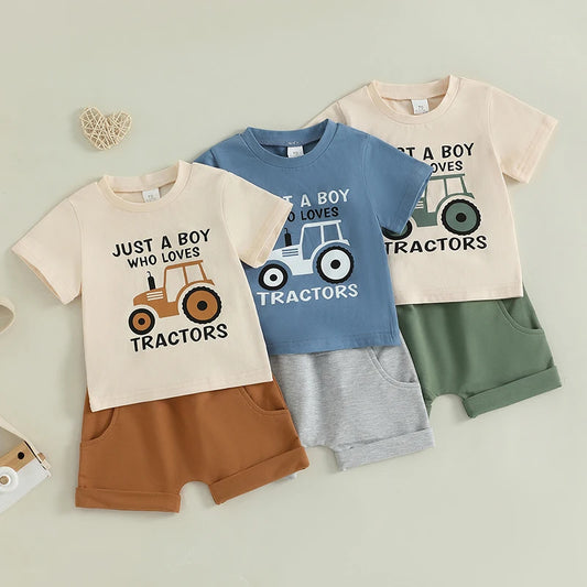Toddler Boy Summer Outfits Tractor Letter Print Round Neck Short Sleeve Tops with Solid Shorts Outfit