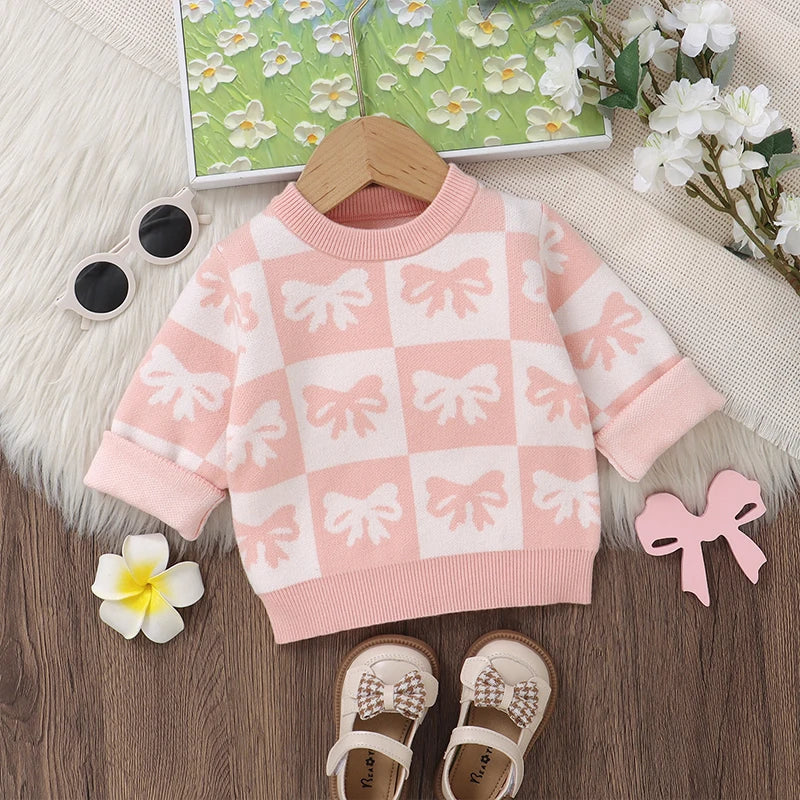 Toddler Girls Sweater Bowknot Print Contrast Color Crew Neck Long Sleeve Baby Pullovers Fall Clothes Tops