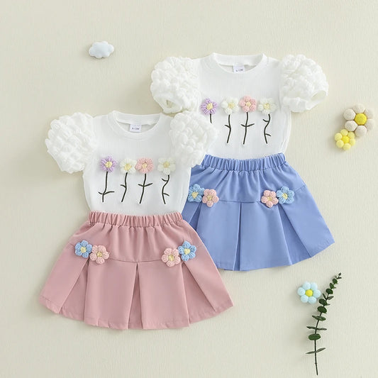 Girls Summer Outfits Crochet Flowers Puff Short Sleeve T-Shirt and Elastic A-Line Skirt Set Toddler Clothes