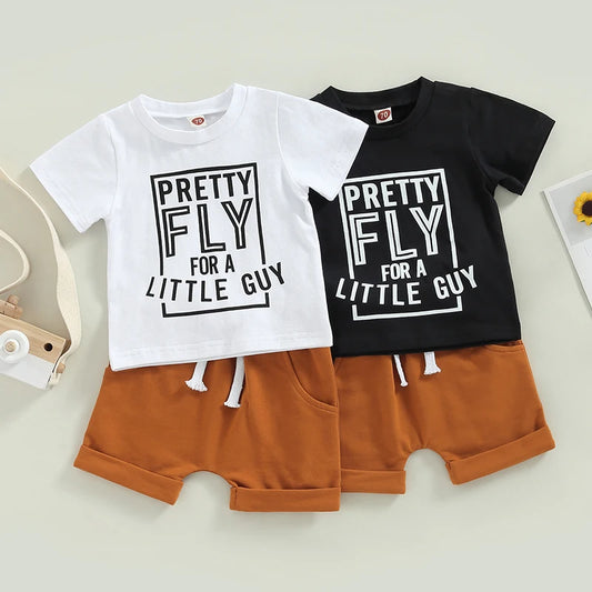 Toddler Boys Girl 2Pcs Summer Sets Short Sleeve Letter Print T-shirt Solid Drawstring Shorts