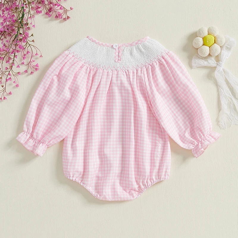 Newborn Baby Girls Cute Romper Bow Embroidery Plaid Long Sleeve Jumpsuits Infant Toddler Fashion Clothes