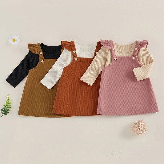 Newborn Baby Girls 2Pcs Fall Outfits Long Sleeve Ribbed Romper + Corduroy Overall Dress Set Clothes