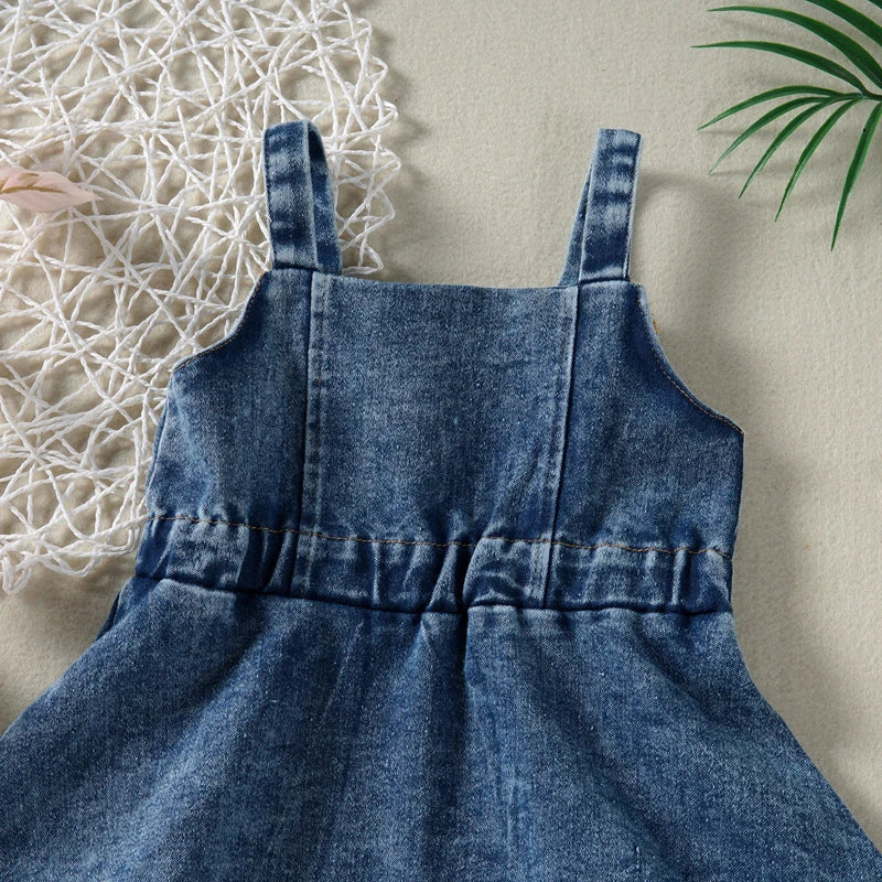 Baby Girl Off Shoulder Ruffle Denim Dress with Sleeveless Button Down - Cute Summer Outfit for Toddlers