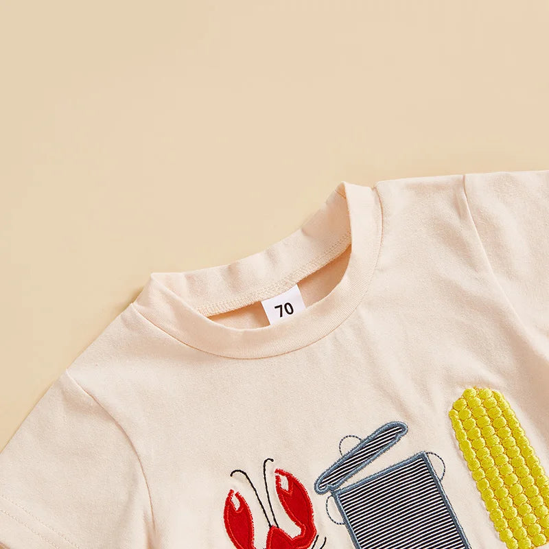 Kids Boys Summer Outfit Short Sleeve Crew Neck Embroidery T-shirt with Lobster Print Shorts Clothing Set