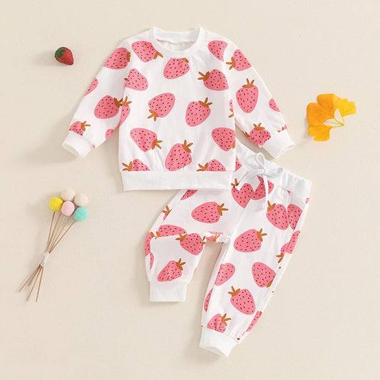 Toddler Girls Fall Outfits Strawberry Print Long Sleeve Sweatshirt and Elastic Sweatpants Set Baby Clothes