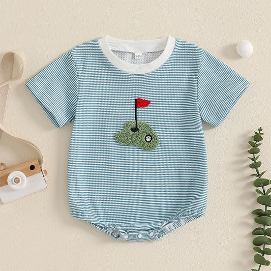 Newborn Baby Boy Summer Romper Short Sleeve Round Neck Stripes Print Bodysuit Playsuit