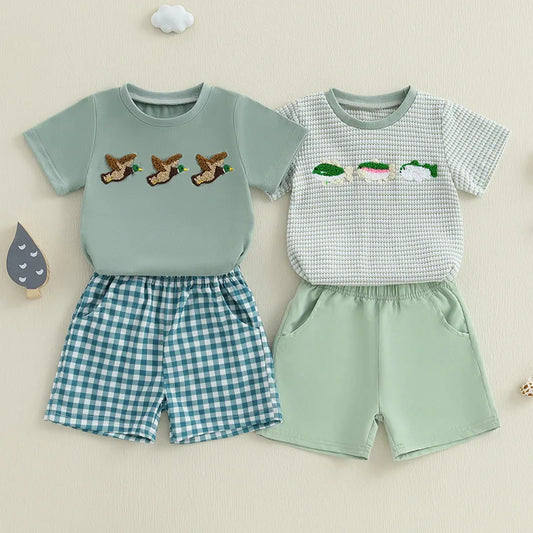 Toddler Baby Boy Shorts Set Fish/Duck Embroidery Short Sleeve T-shirt Solid/Plaid Shorts 2 Piece Summer Set