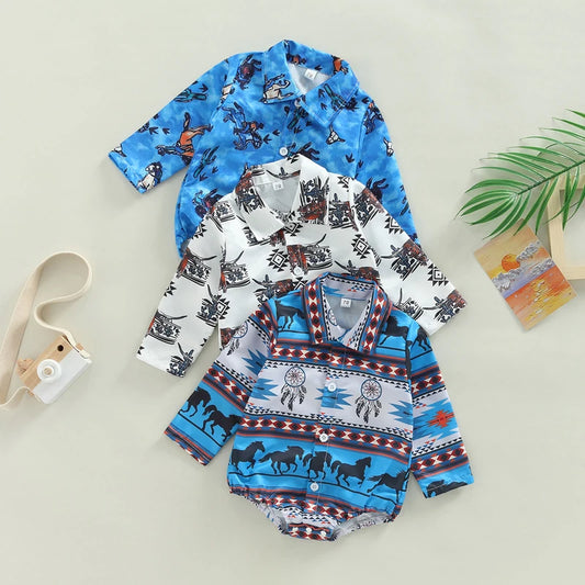 Baby Boys Long Sleeve Lapel Western Cattle/Horse Print Button Romper