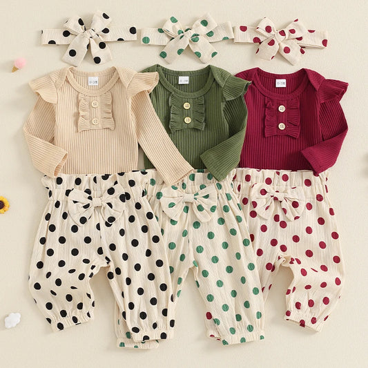 Baby Girl Fall Outfits Solid Color Crew Neck Long Sleeve Romper Dot Print Long Pants Headband 3Pcs Set