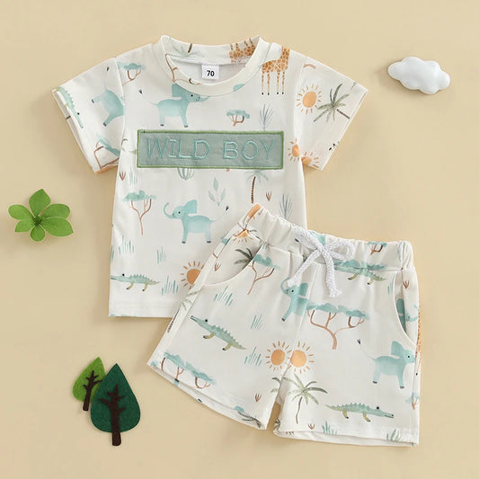 Toddler Baby Boy Shorts Set Animal Letter Short Sleeve T-shirts Elastic Waist Shorts Summer Outfit