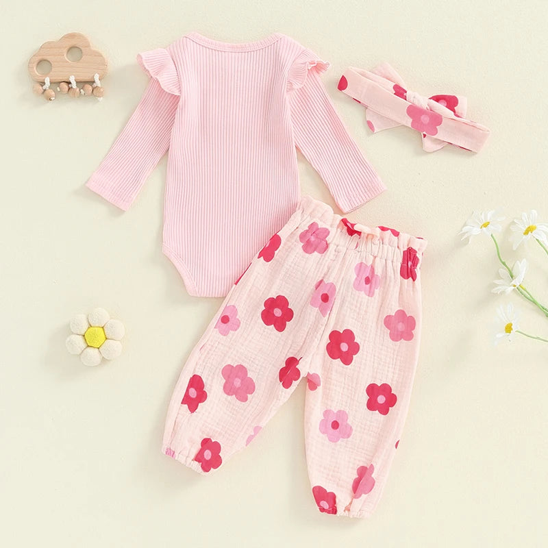 Baby Girls 3Pcs Fall Outfits Long Sleeve Ribbed Romper + Floral Pants + Headband Set Infant Clothes