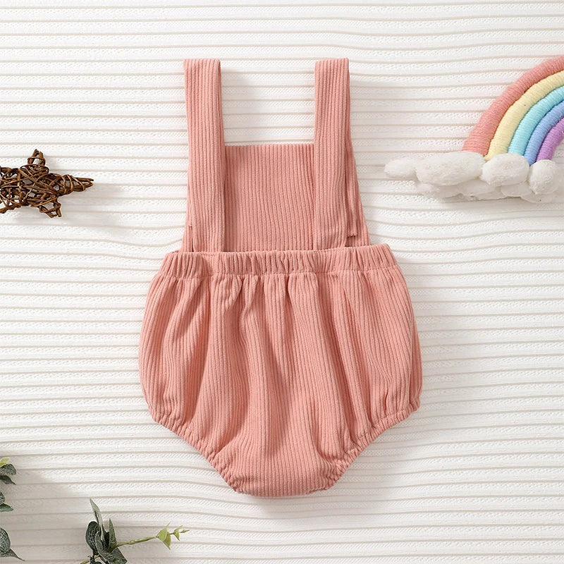 Baby Girl Overalls Rainbow/Strawberry Embroidery Square Neck Sleeveless Ribbed Romper