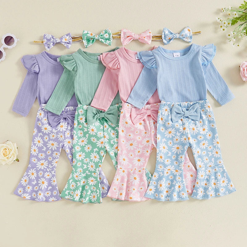 Baby Girl 3 Piece Fall Outfit, Long Sleeve Ribbed Romper Daisy Flare Pants Bow Headband