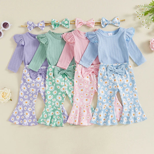 Baby Girl 3 Piece Fall Outfit, Long Sleeve Ribbed Romper Daisy Flare Pants Bow Headband