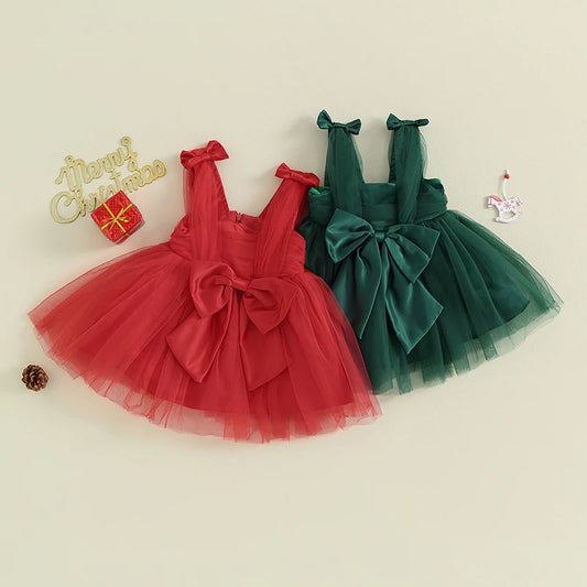 Infant Baby Girls Princess Dress Sleeveless Strap Elegant Bow Tulle Patchwork Christmas Tutu Sundress