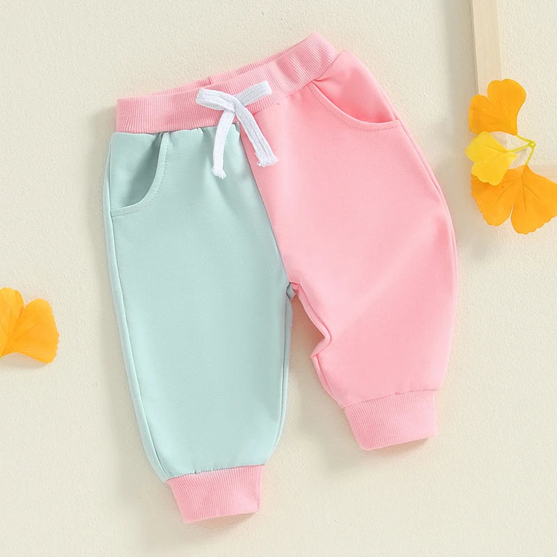 Little Kids Contrast Color Pants Pocket Drawstring Elastic Waistband Fall Long Trousers