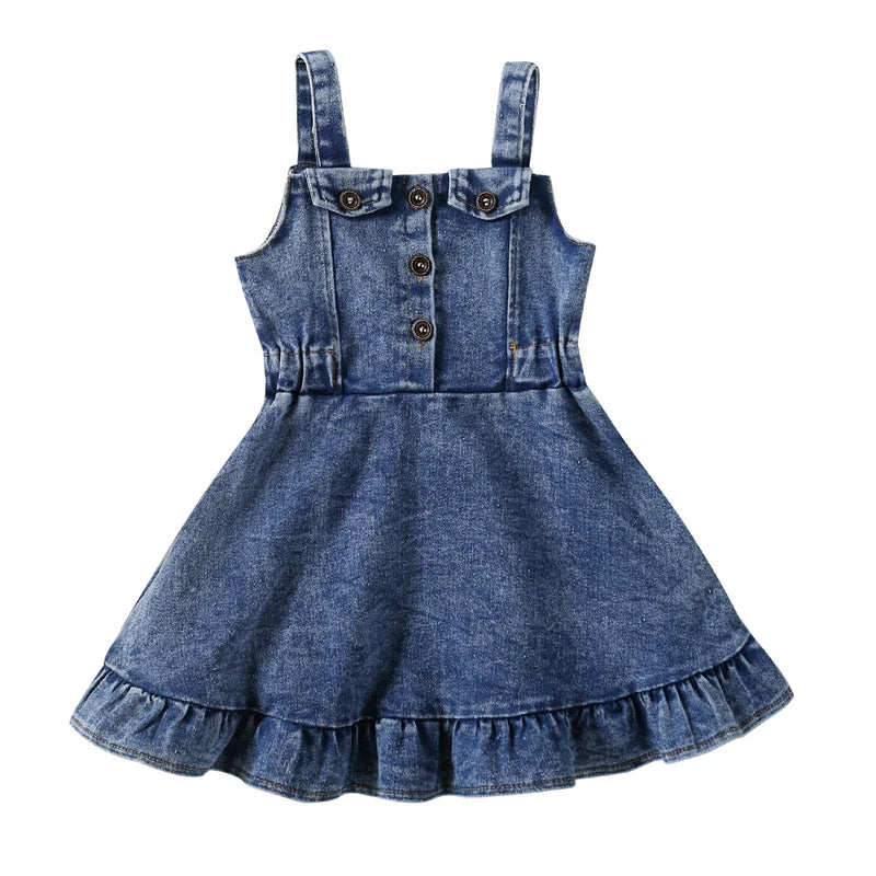Baby Girl Off Shoulder Ruffle Denim Dress with Sleeveless Button Down - Cute Summer Outfit for Toddlers