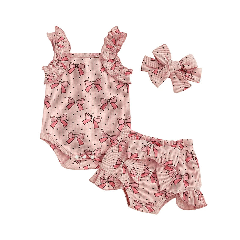 Baby Girls Summer Outfits Bow/Strawberry Print Sleeveless Romper with Ruffled Shorts Bow Headband 3Pcs Set
