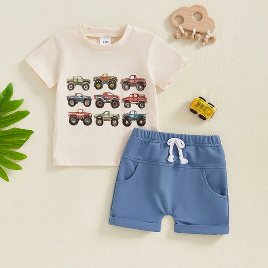 Toddler Boys Summer Outfits Retro Truck Print O-Neck Short Sleeve T-Shirts Elastic Waist Shorts 2Pcs Clothes Set