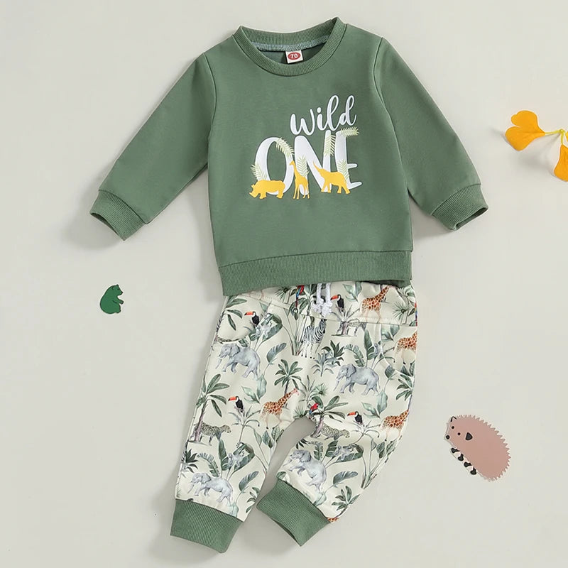 Baby Boys 2PCS Outfits Long Sleeve Crew Neck Letter Print Tops Animal Print Pants Fall Sets