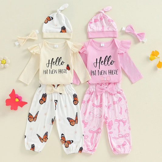 Baby Girl Fall 4 Pcs Outfit Letter Long Sleeve Romper with Bow Pattern Pants and Headband Hat Set