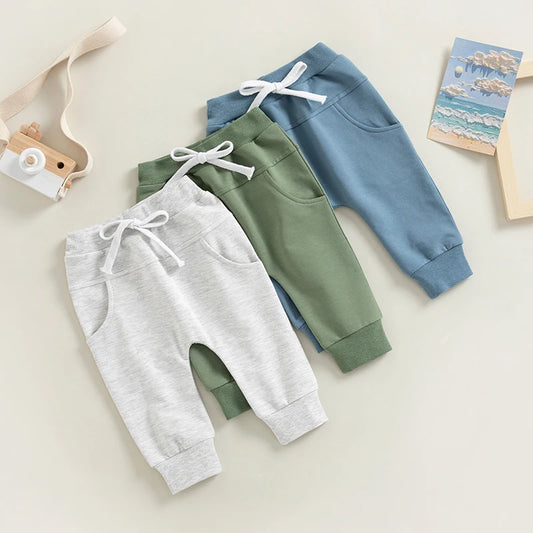 Toddler Baby Boys Casual Sweatpants Elastic Waist Drawstring Solid Fall Pants Pockets