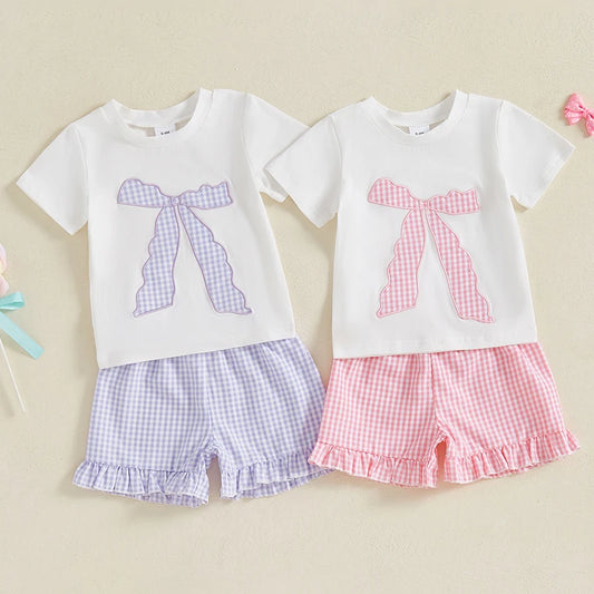 Toddler Baby Girl Summer Outfit Bow Embroidery Short Sleeve Tops Plaid Ruffle Shorts Set
