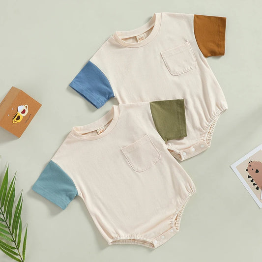 Kid Girl Boy Girl Bodysuit Short Sleeve Round Neck Patch Color Short Jumpsuit Tops