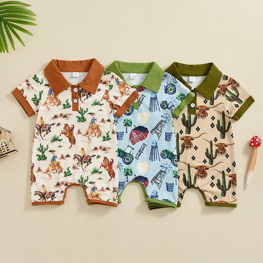 Baby Boys Summer Button Romper Short Sleeve Lapel Western Elements Print Jumpsuit