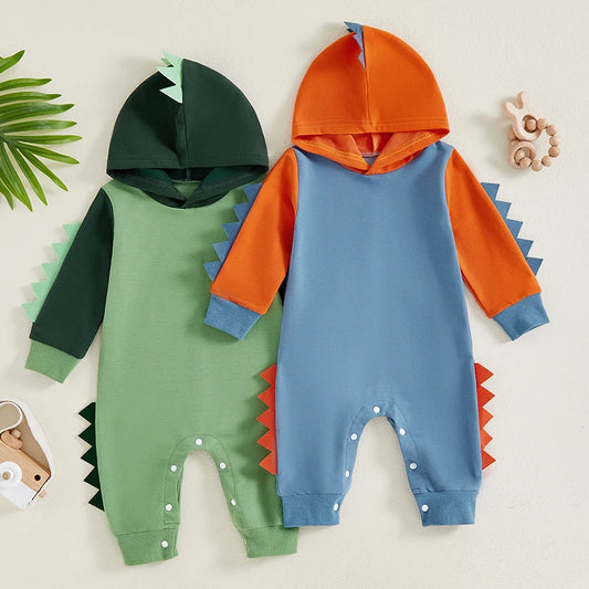 Baby Boy Dinosaur Shaped Hoodie Romper Contrast Color Long Sleeve Bodysuit Jumpsuit