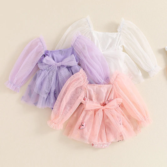 Baby Girls Mesh Romper Dress Butterfly Print Long Sleeve Jumpsuits for Newborn Toddler Cute Clothes