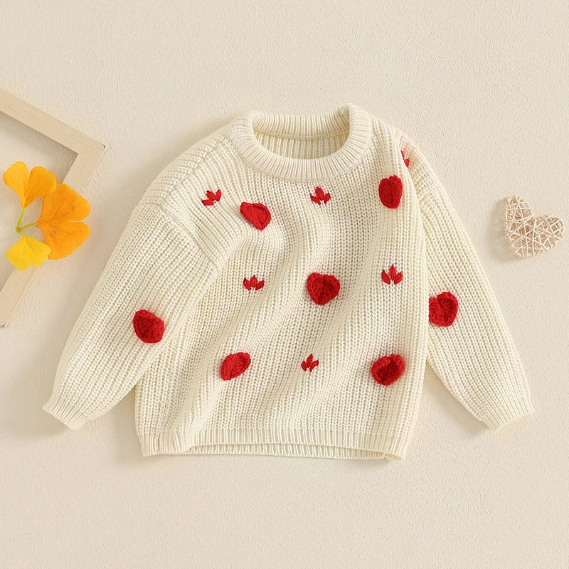 Toddler Girls Valentine's Day Sweaters Heart Long Sleeve O-Neck Ribbed Chunky Knit Jumper Tops