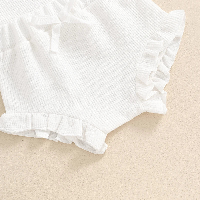 Baby Girl Summer Outfits Waffle Flower Embroidered Sleeveless Romper Ruffles Shorts Headband 3Pcs Set