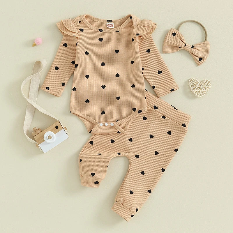 Infant Baby Girl Clothes Set Waffle Knit Heart Long Sleeve Romper Pants Headband Suit Outfits Fall Clothes