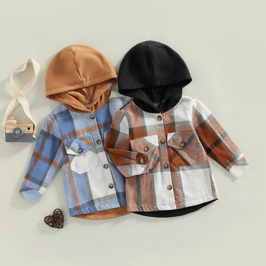 Little Boys Plaid Long Sleeve Hooded Shirt Coat 2 Colors