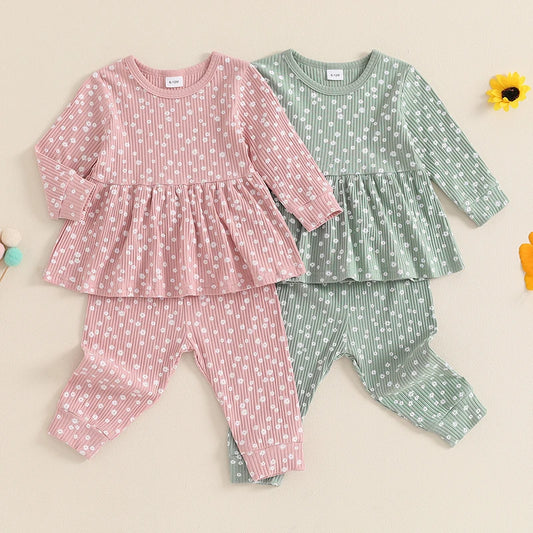 Toddler Girl Fall Outfits Floral Print Crew Neck Long Sleeve Tops Elastic Waist Long Pants 2Pcs Set